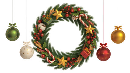 Christmas wreath with ornaments isolated on transparent background