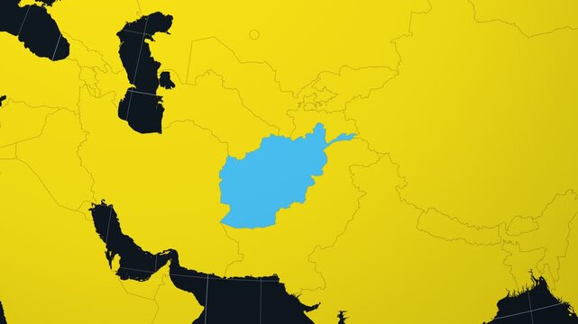 Afghanistan map. Animated zoom into the country on the Globe in Charcoal Bright Yellow color palette. Country logo animation. Map with meridians, parallels. Trending video.