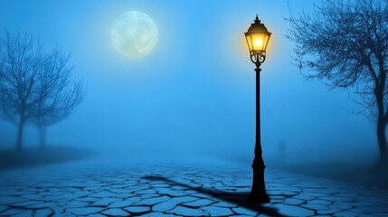 Lamppost casting a long shadow on a cobbled street at night