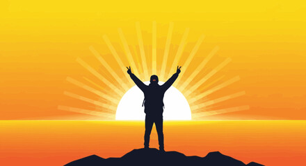 Person Standing Silhouetted Against a Sunset with Arms Raised in Victory and Success