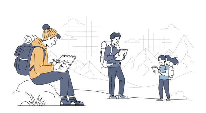 People Hiking And Sketching Mountains Outdoors With Backpacks In The Wilderness