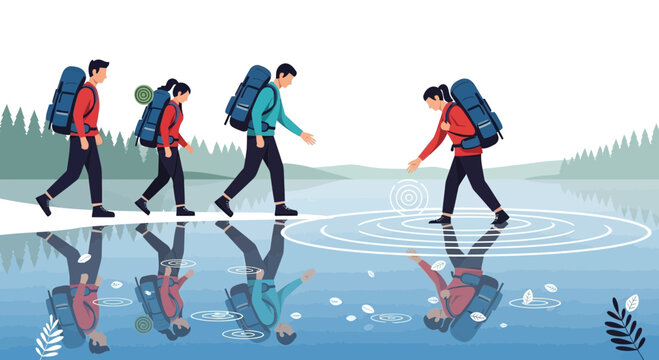 People Hiking Together Near a Lake During an Adventurous Journey For Teamwork