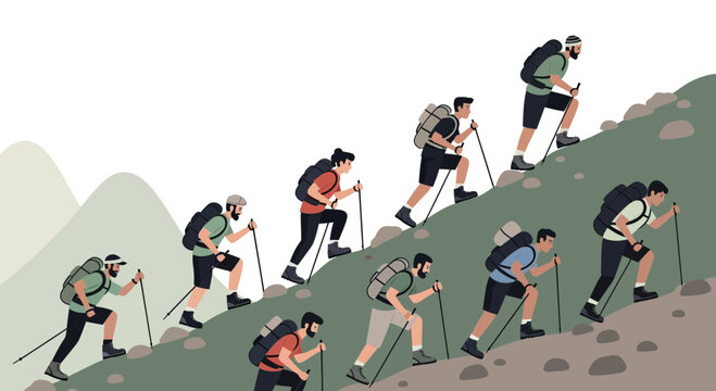 People Hiking Up Mountain Slope with Backpacks and Trekking Poles for Activity - Powered by Adobe