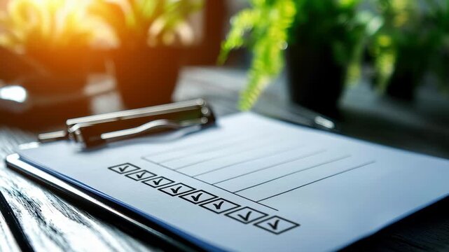 Minimal checklist form clipboard office desk sunlight plant wood paper pen calm productivity for workflow planning task tracking organization