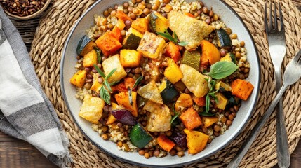 Fototapeta premium Overhead shot of Ethiopian Injera with spiced vegetables and lentils