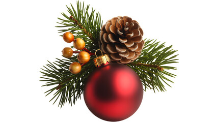 Christmas decoration with pine cone red bauble and berries isolated on transparent background