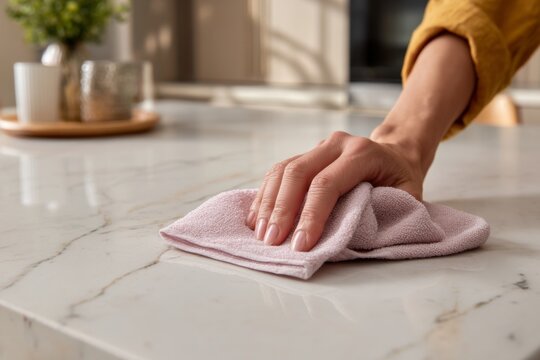 Woman cleaning countertop using soft pink cloth, routine home care, wiping surface. Housekeeping, cleaning service.
