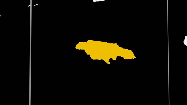 Jamaica map. Animated zoom into the country on the Globe in Black White color palette. Country logo animation. Map with meridians, parallels. Charming video.