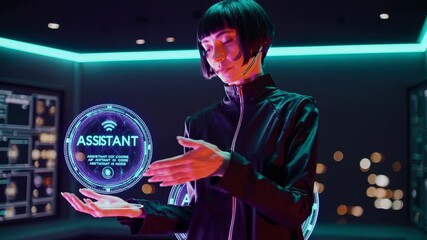 assistant avatar interacts with hologram interface. futuristic ai environment presents display and gesture control. technology element complements cyberpunk neon city night. urban network system. - Powered by Adobe