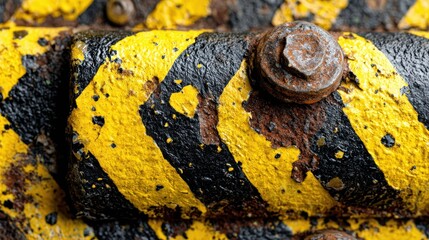 Macro shot of a rusted bolt on yellow and black hazard-striped metal, showing wear, texture, and the effects of time on industrial material.