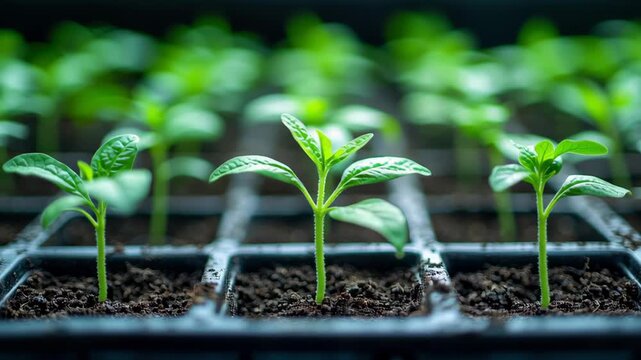 Young seedling green leaf soil tray nursery macro fresh natural light agriculture growth spring closeup hopeful scene of tender sprouts nursery tray
