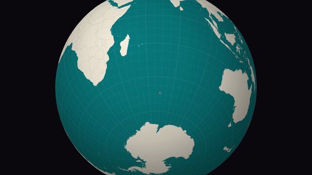 French Southern and Antarctic Lands map. Animated zoom into the country on the Globe in Teal Pale Mint color palette. Country logo animation. Map with meridians, parallels. Appealing video.