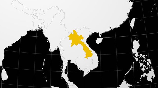 Laos map. Animated zoom into the country on the Globe in Black White color palette. Country logo animation. Map with meridians, parallels. Authentic video.