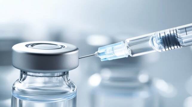 Syringe drawing medicine from glass vial in close up view