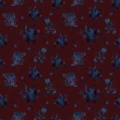 Seamless dark brown floral pattern with navy botanical elements. Elegant vintage texture for fabric, packaging, wallpaper, and digital design. Modern decorative surface print.