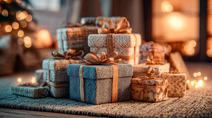Christmas parcel arrangement with beautifully wrapped gifts in various textures and patterns, adorned with ribbons, creating a festive atmosphere with warm bokeh lights in the background