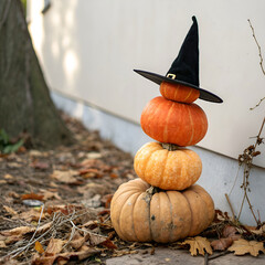 pumpkin stack with witch hat on top