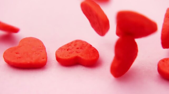 red heart shaped confetti showering down on lovely pink backdrop, ideal for crafting, invitations or social media posts, concept St Valentine day, super slow motion, close up