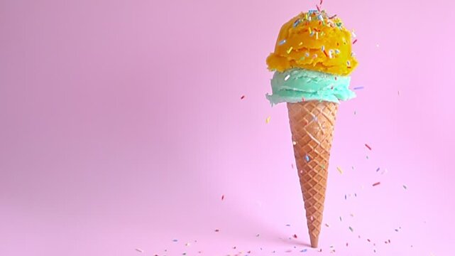 summer funny creative concept of standing wafer cone mango and mint scoops of ice cream decorated with strewed sprinkles on pink background, copy space, super slow motion