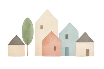 Watercolor minimalist houses village street with simple abstract architecture and green tree, transparent background