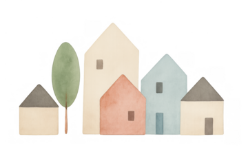 Watercolor minimalist houses village street with simple abstract architecture and green tree, transparent background