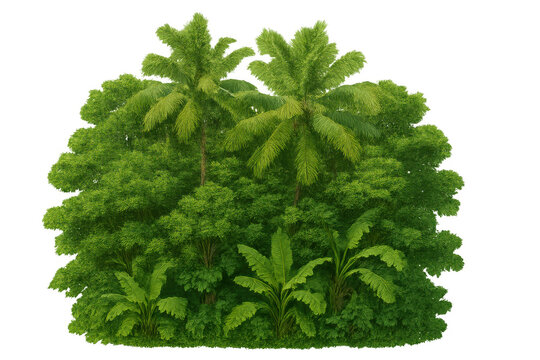 Lush green jungle forest with palm trees and tropical plants on a transparent background, depicting a rich ecosystem