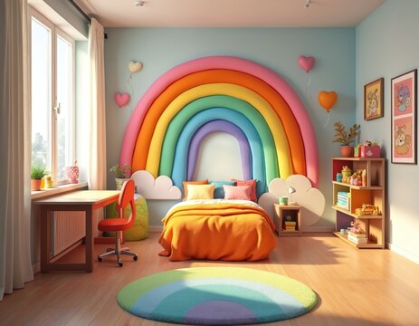 Playful kids bedroom with rainbow headboard and colorful rug. Desk with chair by window. Shelving unit stores toys and books. Bright fun room for child. - Powered by Adobe