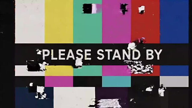 Vintage television test pattern with static noise and broadcast interruption