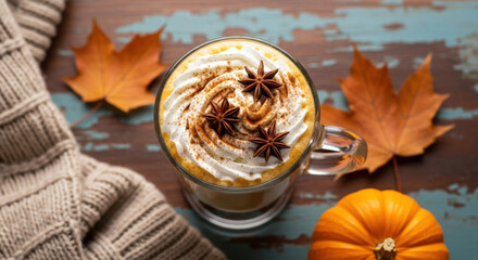 Delicious pumpkin spice latte with whipped cream, autumn leaves, and star anise