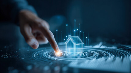 Hand interacts with virtual house hologram in a digital space during nighttime