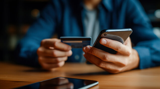 Hands hold phone and bank card for secure mobile transaction during daytime indoors