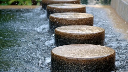 Water cascading over smooth dark stones in a garden