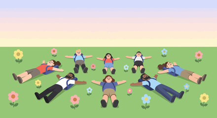 Rest Relaxing Friends Outdoors Laying Down Together on Green Grass and Flowers