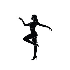 Silhouette of a woman in elegant dance pose with arms extended and one leg raised silhouette