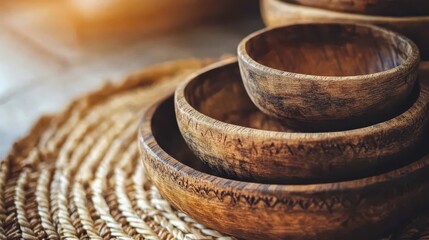 Wooden bowls stacked on woven placemat closeup