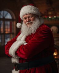 Close‑up Santa Claus in classic costume with soft bokeh lights.