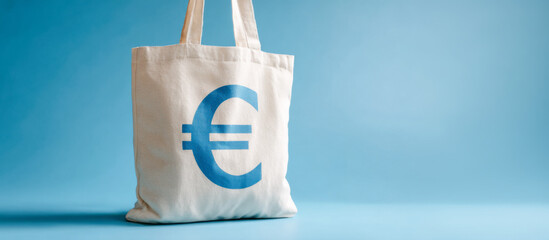 Tote bag with euro symbol on blue backdrop highlights economic themes
