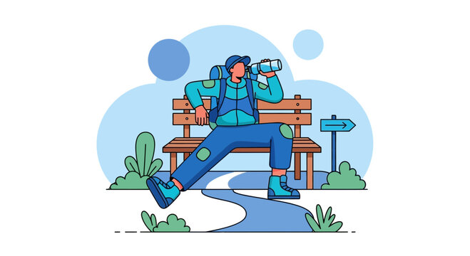 Rest Time: Relaxed Hiker Enjoying A Refreshment On A Scenic Trail Illustrative Design