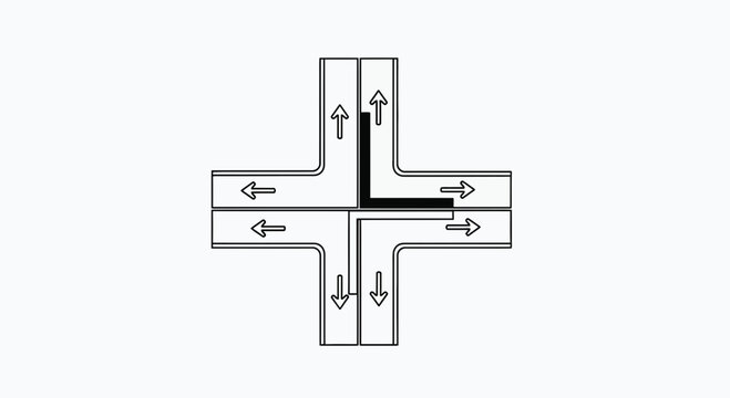 Road Intersection Diagram With Symbolic Arrows Indicating Directions In Monochrome Style