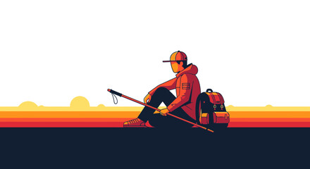 Naklejka premium Resting Adventurer With Backpack And Trekking Pole Against A Striped, Stylized Sunset