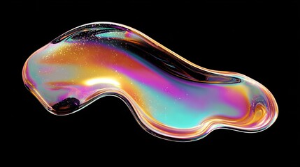 Bold holographic liquid blob isolated on black, iridescent wavy melted shape with vibrant reflective colors