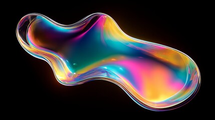 Bold holographic liquid blob isolated on black, iridescent wavy melted shape with vibrant reflective colors