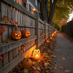 wooden fence decorated with glowing pumpkins