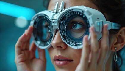 Woman tests eyesight with modern high tech device. Future eye exam equipment in optometry clinic. Patient checks vision for health. Pro optician checks sight.