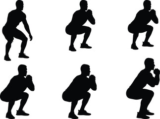 Squat exercise silhouette, fitness pose, lower body workout, black figure, athletic movement, leg strength, gym icon, health training, posture guide, form illustration