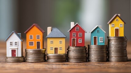 Toy houses in vibrant colors sit atop stacks of coins symbolizing investment and wealth building.