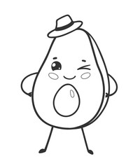 Simple black and white line art of a smiling avocado with a hat. Perfect for kids food design, coloring pages, or healthy lifestyle themes.