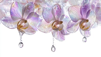 Three stunning orchids showcase sparkling colors as droplets of water hang from their petals creating a serene scene.