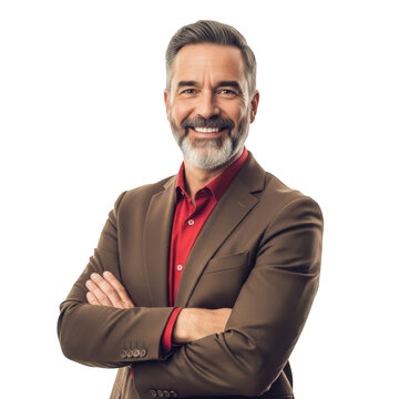 Smiling middle aged man with beard and suit jacket arms crossed looking at camera isolated on transparent background