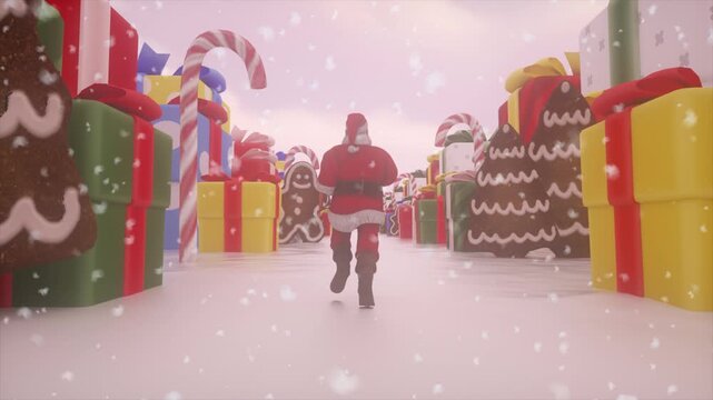 Santa Claus Running Through Festive Gift Lane in Snowy Christmas Wonderland. Magical Christmas Loop
